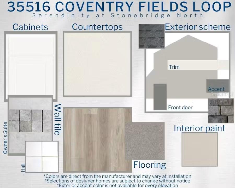 This design board displays interior finishes including cabinets, countertops, flooring, wall tiles, and exterior colors — 35516 COVENTRY FIELDS LOOP, ZEPHYRHILLS, FL