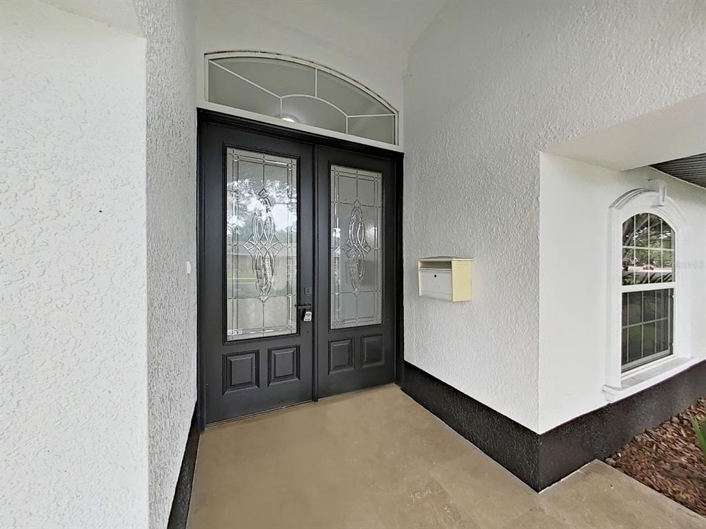 A dark double front door with glass inserts and a transom window under a porch — 3322 SCHEFFLERA ROAD, TAMPA, FL