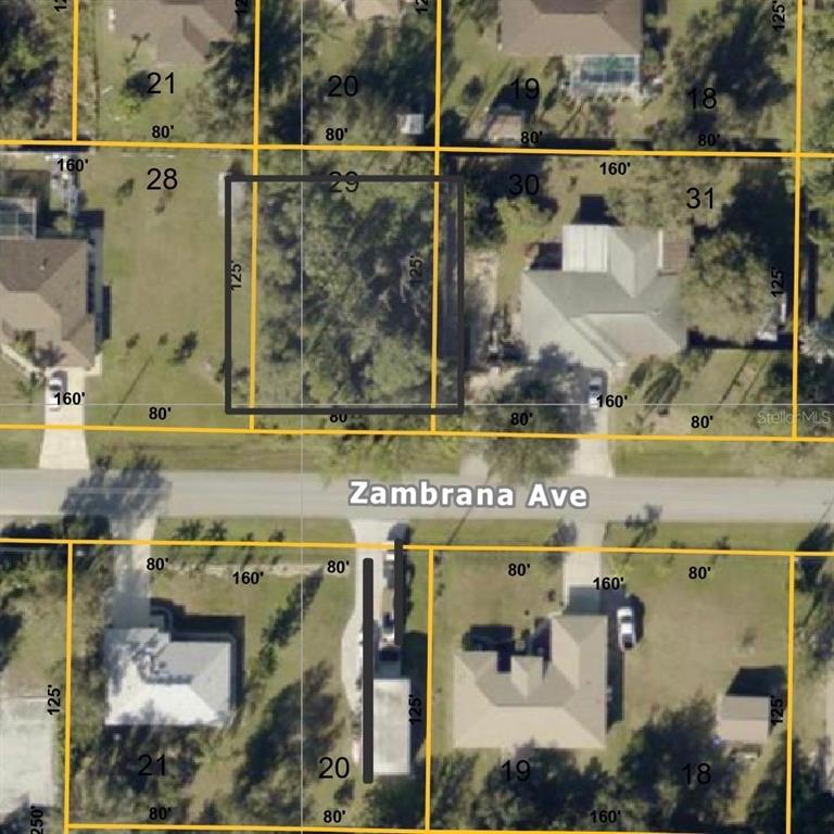 This is an aerial map showing residential property lot lines and dimensions along a street — ZAMBRANA AVENUE, NORTH PORT, FL