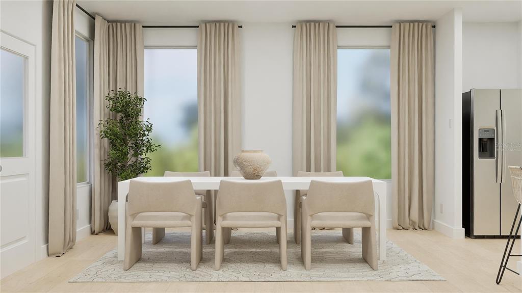 This is a rendering of a dining room with a white table, chairs, and curtains — 3058 GRANITE RIDGE AVENUE, MINNEOLA, FL