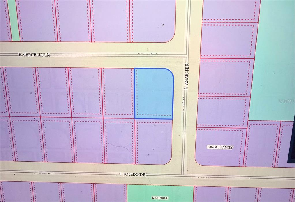 This is a digital map showing residential lot layouts and street names in a neighborhood — 1124 VERCELLI LANE, CITRUS SPRINGS, FL