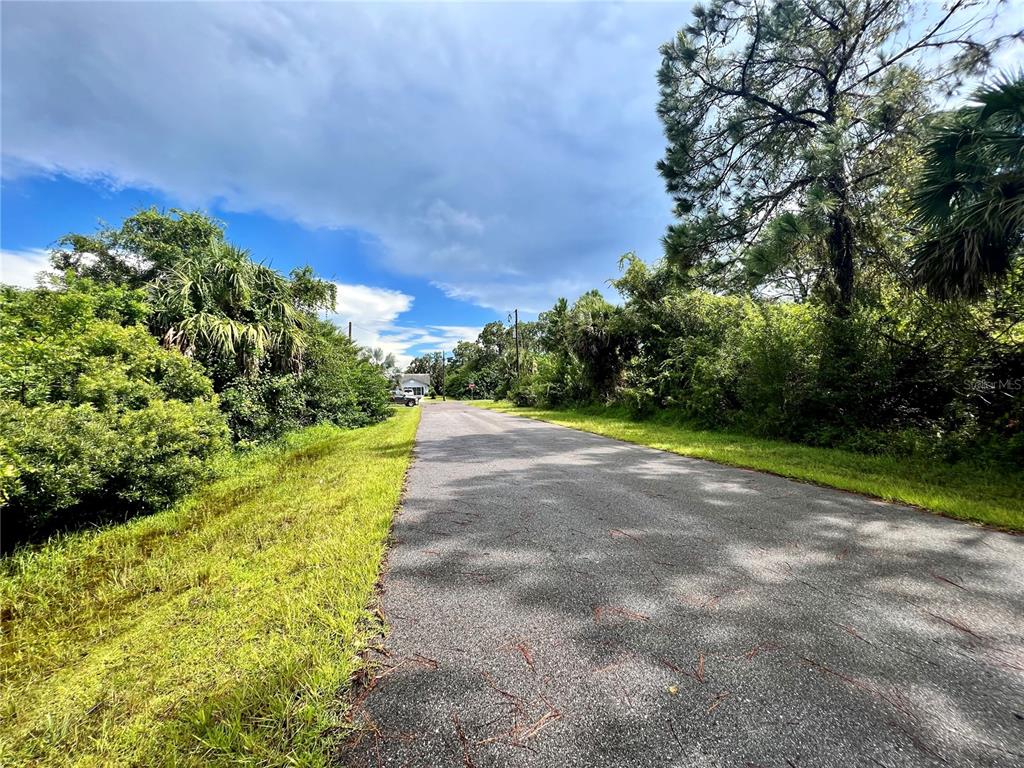 A paved road stretches into the distance, flanked by dense green trees and grassy shoulders — 420 BONSELL LANE, PORT CHARLOTTE, FL