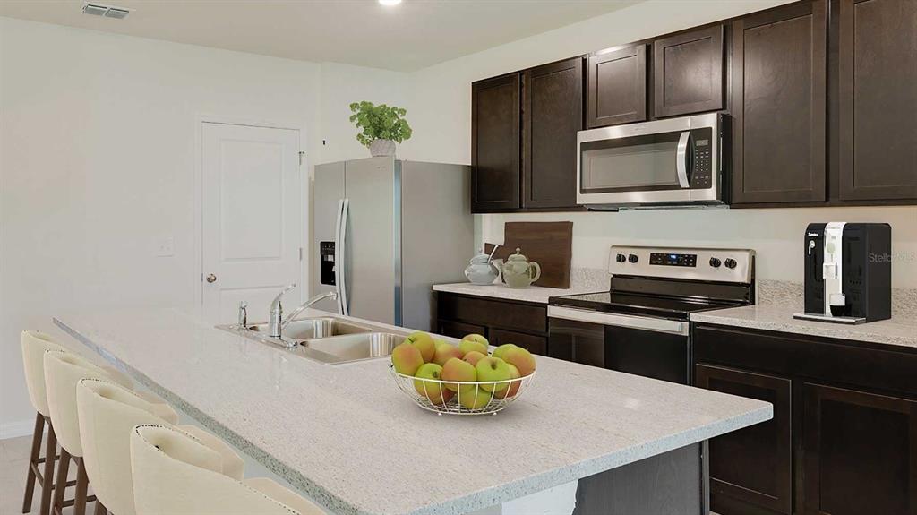 A kitchen features dark wood cabinets, stainless steel appliances, and a large granite-topped island — 8609 TIDEWATER TRAIL AVENUE, TEMPLE TERRACE, FL