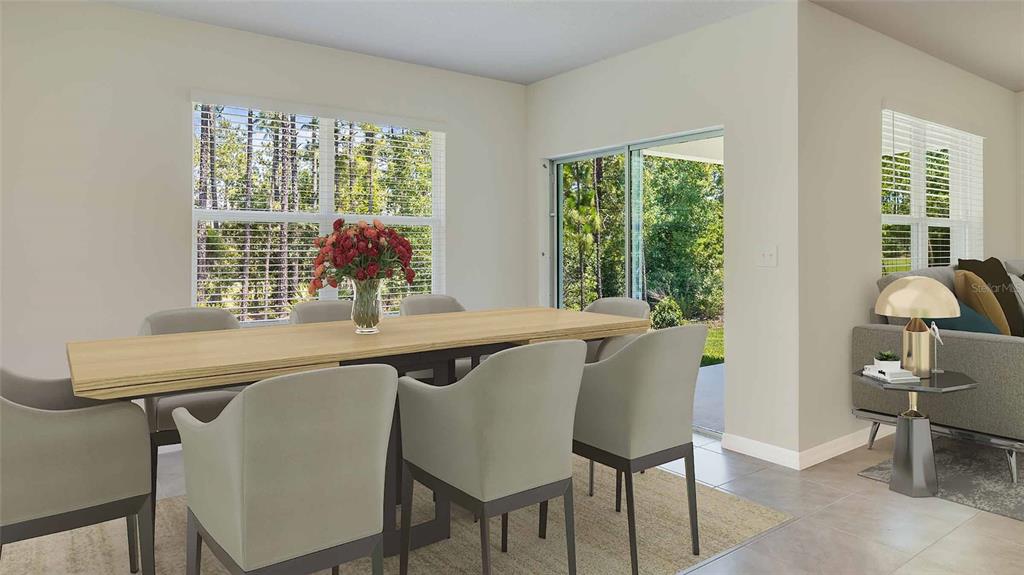 This rendering shows a dining area with a wooden table, six chairs, and sliding doors — 8609 TIDEWATER TRAIL AVENUE, TEMPLE TERRACE, FL