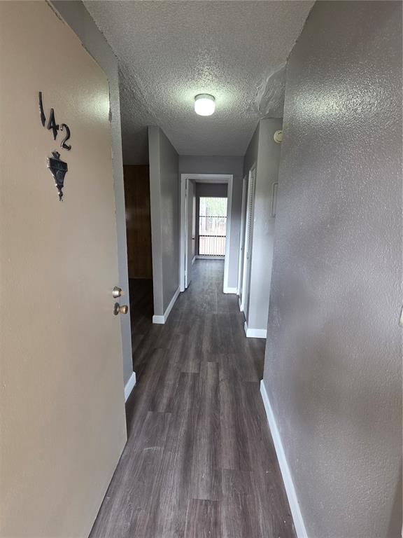 An interior hallway with gray walls and wood-look flooring leads to a doorway with a window — 2811 SW ARCHER ROAD UNIT R142, GAINESVILLE, FL