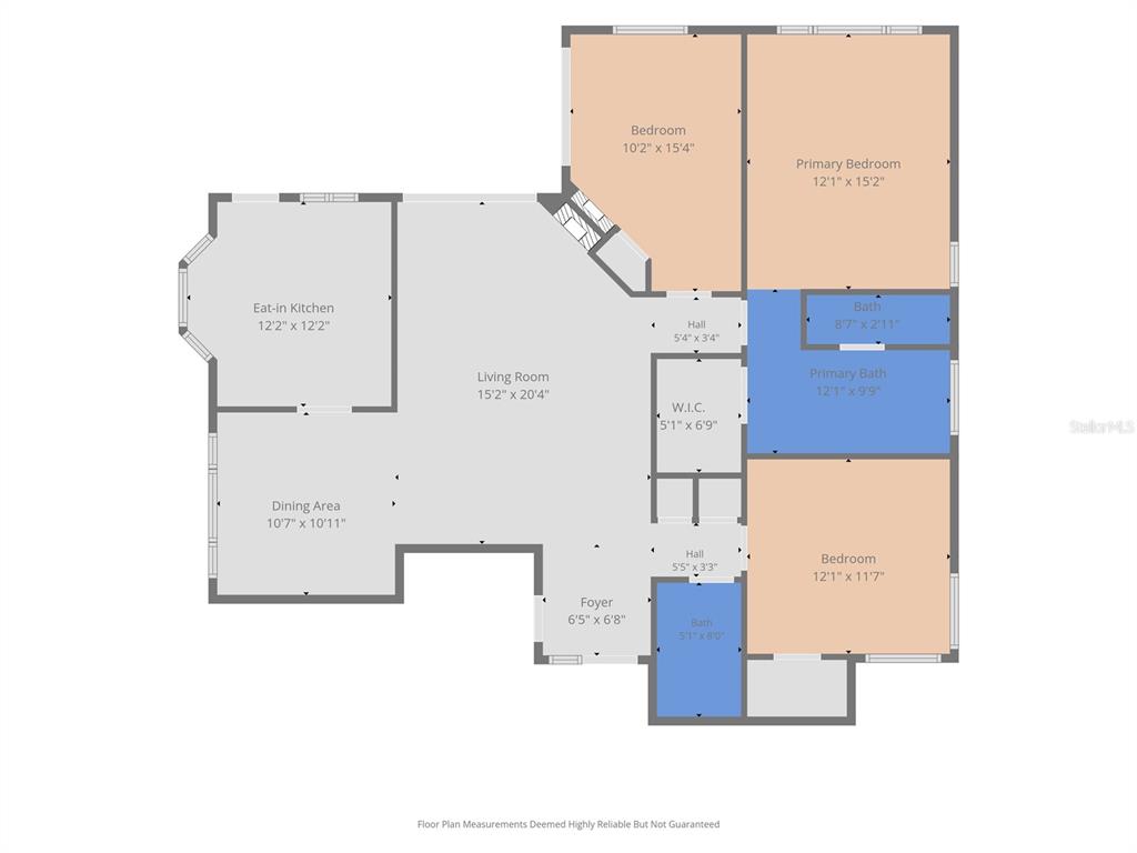 This is a floor plan showing a three-bedroom, two-bathroom home with an open living area — 3010 LONGBROOKE WAY, CLEARWATER, FL
