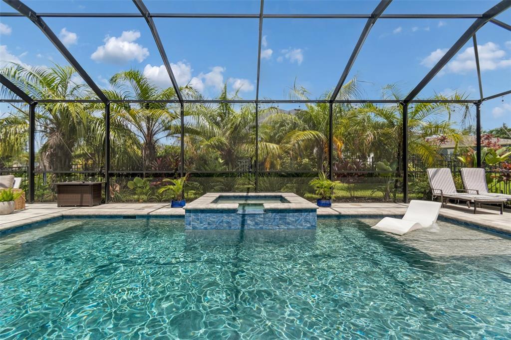 A swimming pool with an integrated spa is enclosed by a screened lanai with palm trees — 6323 HAVENSPORT DRIVE, APOLLO BEACH, FL
