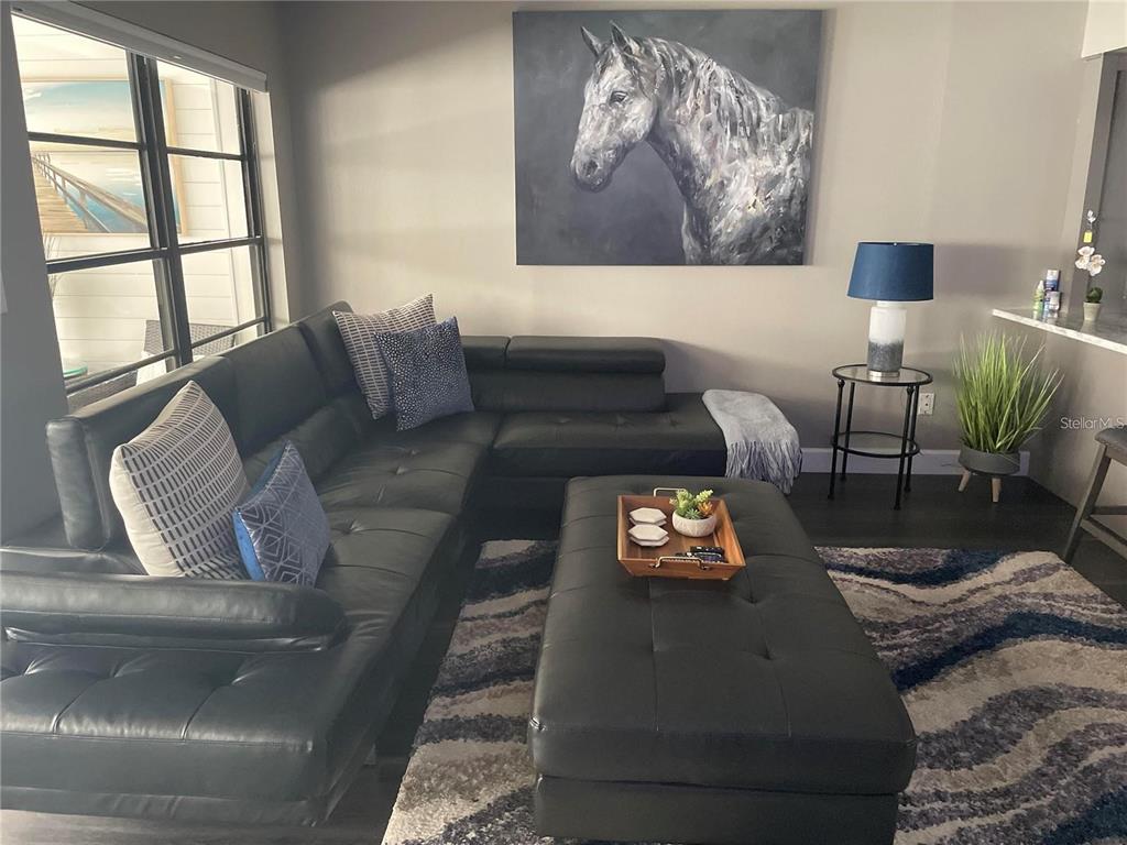 A living room features a black sectional sofa, a matching ottoman, and a horse painting — 2571 CYPRUS DRIVE UNIT 1-204, PALM HARBOR, FL