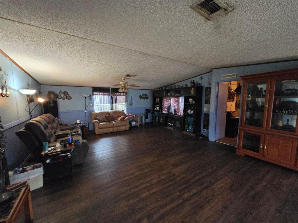 A living room features dark wood-look flooring, blue walls, a ceiling fan, and built-in shelving — 8323 FANTASIA PARK WAY, RIVERVIEW, FL