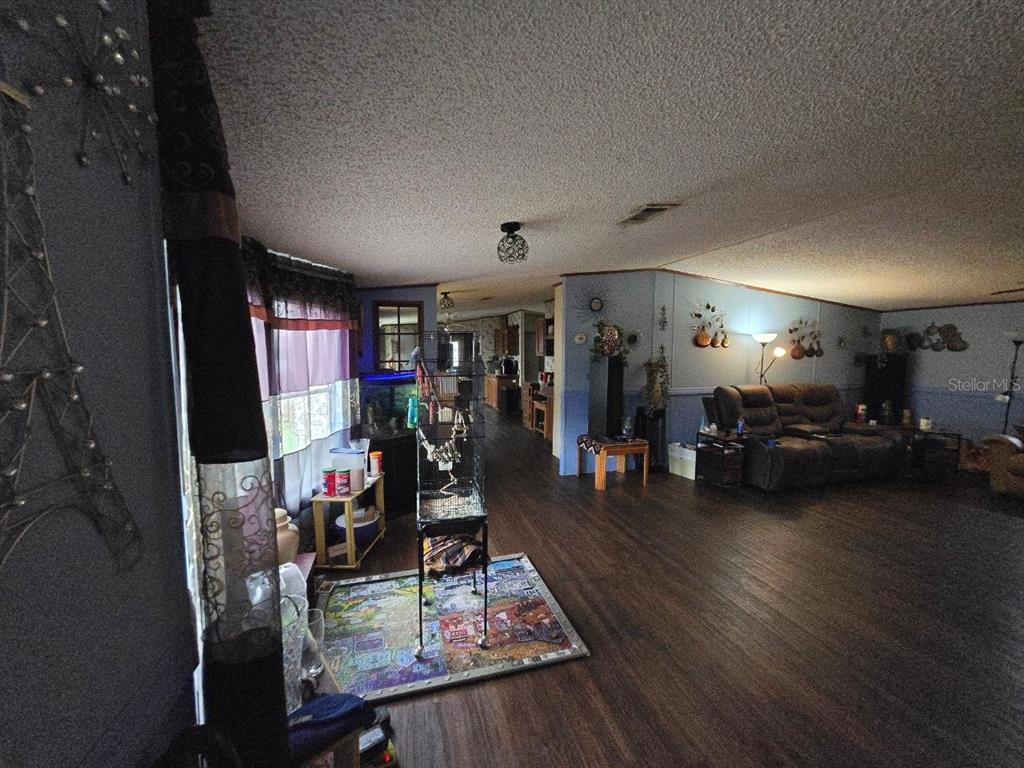 A living room features dark wood-look flooring, a puzzle on the floor, and a birdcage — 8323 FANTASIA PARK WAY, RIVERVIEW, FL