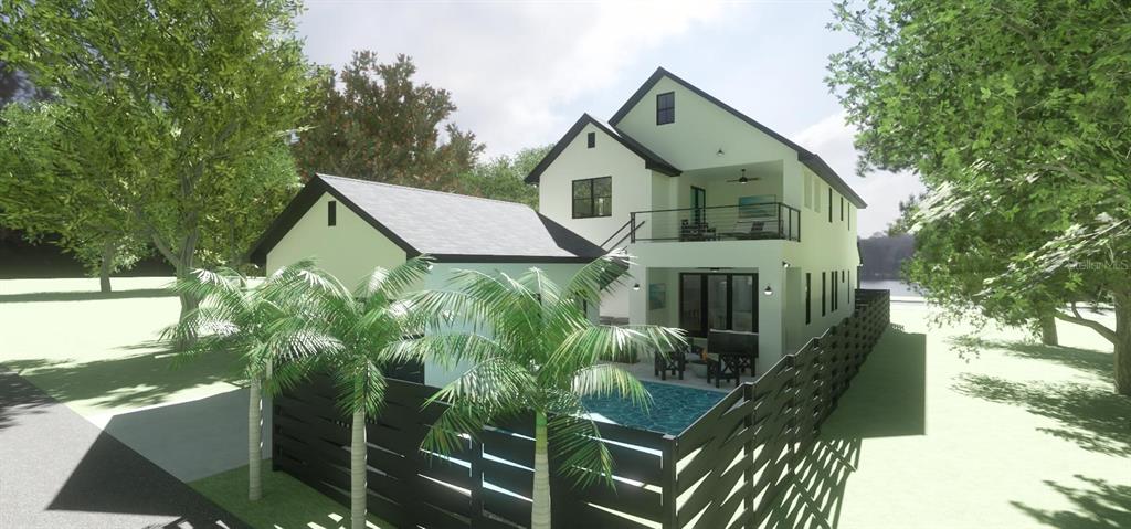 This is a rendering of a two-story house with a pool, patio, and black fencing — 924 47TH AVENUE N, ST PETERSBURG, FL