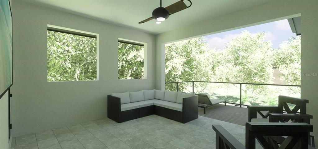 This rendering shows a covered patio with a sectional sofa, two chairs, and tile flooring — 924 47TH AVENUE N, ST PETERSBURG, FL