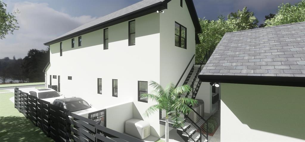 This is a digital rendering of the exterior side of a two-story house with stairs — 924 47TH AVENUE N, ST PETERSBURG, FL