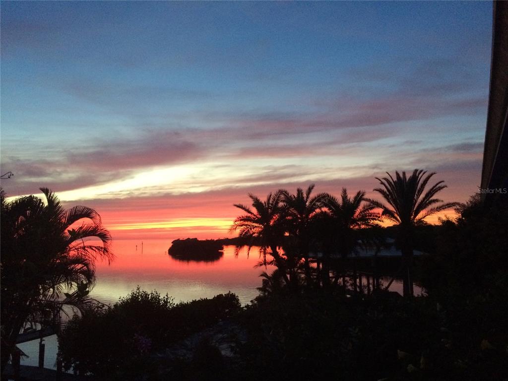 A sunset view over a calm body of water with silhouetted palm trees in the foreground — 24139 JOLLY ROGER BOULEVARD, PUNTA GORDA, FL