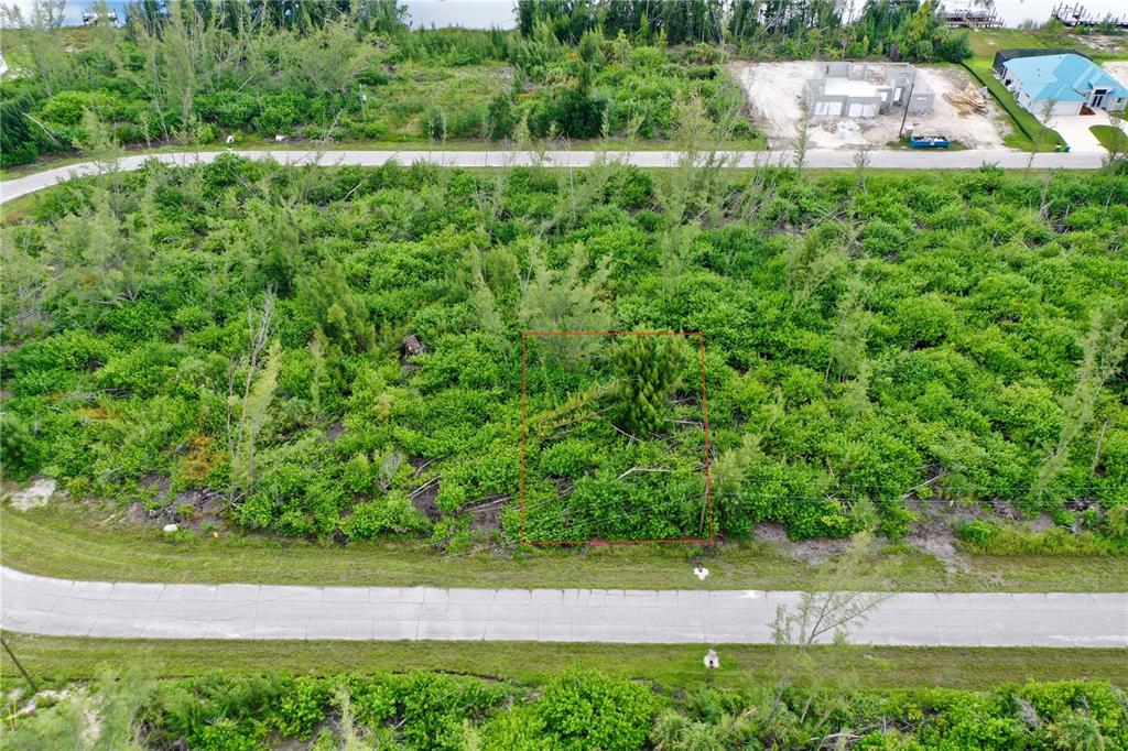 An aerial view shows a rectangular plot of land outlined in red amidst dense vegetation — 16449 LIGGETT CIRCLE, PORT CHARLOTTE, FL