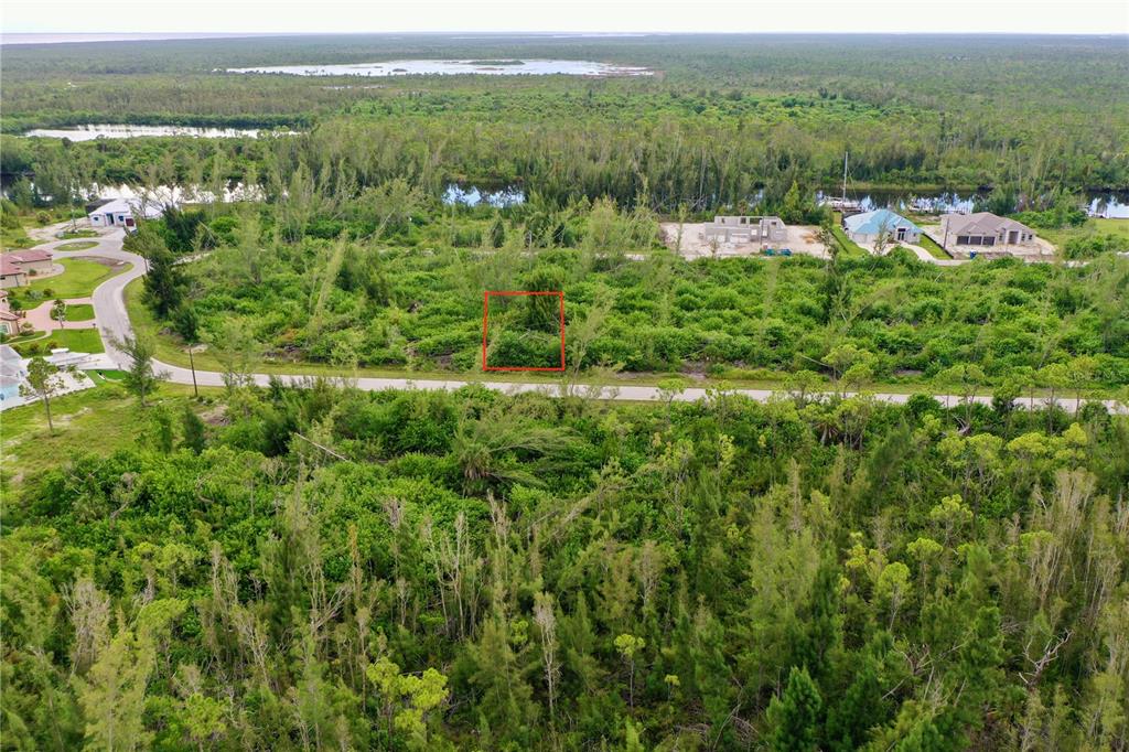 An aerial view shows a vacant, wooded lot outlined in red along a paved road — 16449 LIGGETT CIRCLE, PORT CHARLOTTE, FL