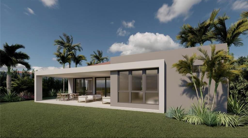 This is a rendering of a modern house exterior with a covered patio and palm trees — 49 LOS LAGOS, HUMACAO, PR