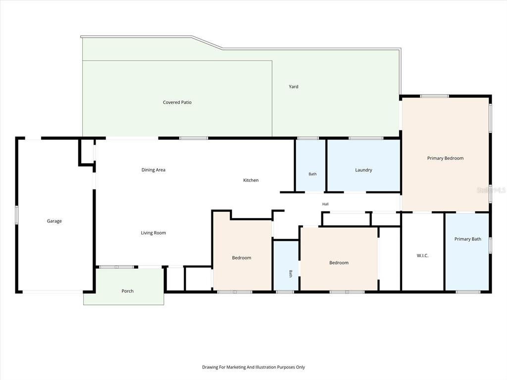 This is a floor plan of a single-story house with a garage and covered patio — 1308 MARION DRIVE S, ST PETERSBURG, FL