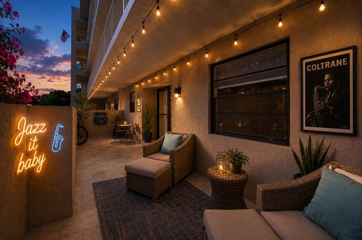 A furnished outdoor patio features string lights, a neon sign, and a framed Coltrane poster — 300 N Highway A1a # 105d, Jupiter FL 33477, JUPITER, FL
