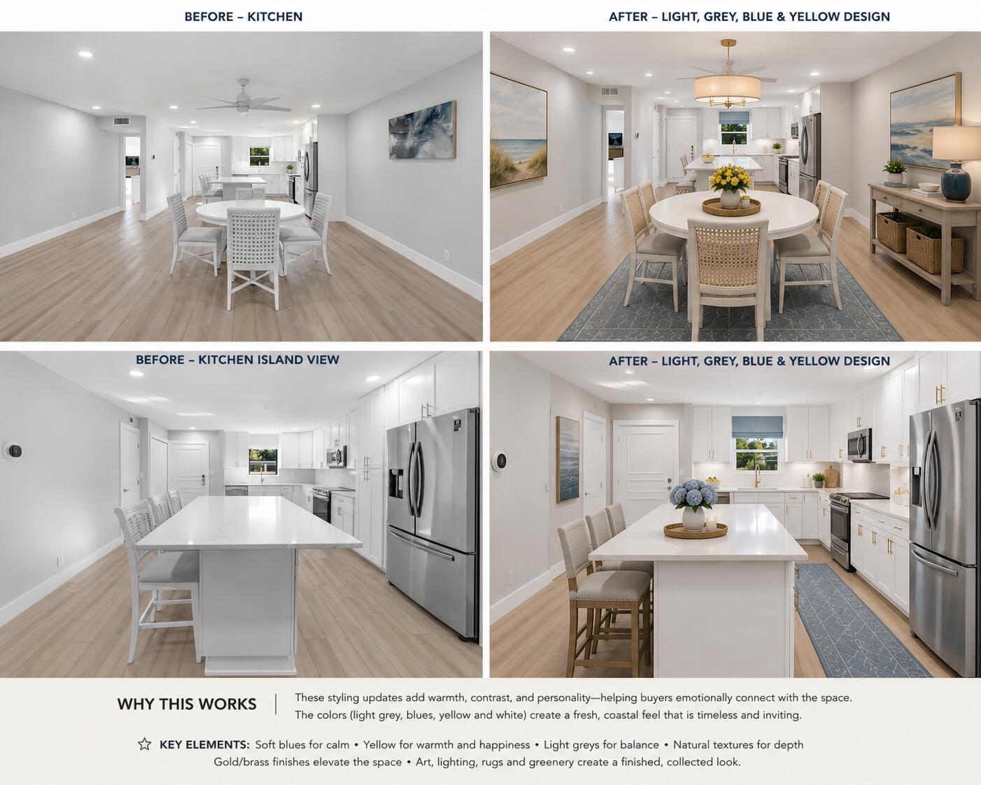 This split-screen image shows before and after photos of a kitchen and dining area — 300 N Highway A1a # 105d, Jupiter FL 33477, JUPITER, FL