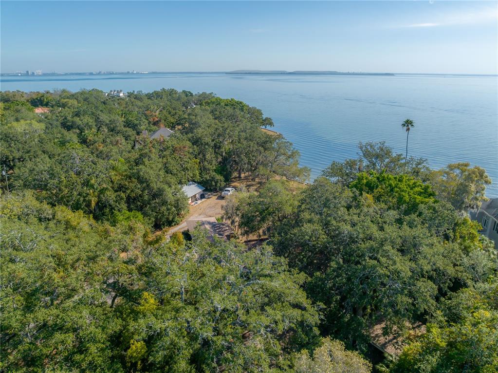 An aerial view shows a wooded waterfront property with a house and a parked vehicle — 6210 BAYSHORE BOULEVARD, TAMPA, FL
