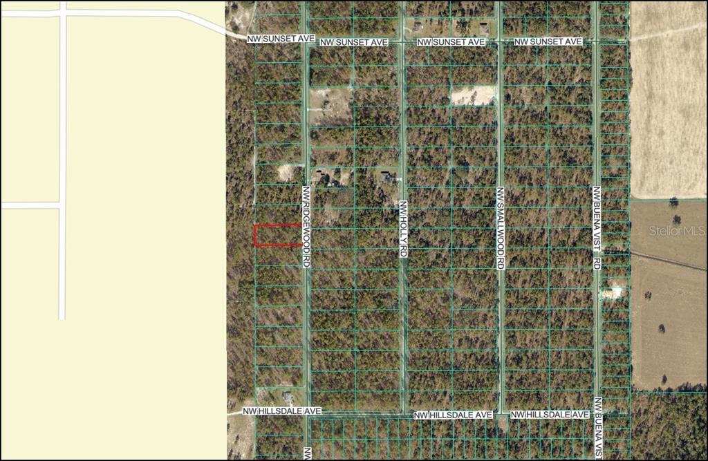 This is a map showing a rectangular property highlighted in red within a wooded area — NW RIDGEWOOD ROAD, DUNNELLON, FL