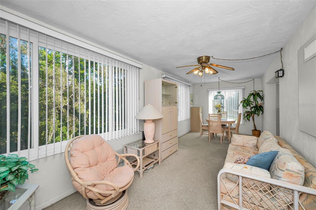 A living and dining area with carpeted floors, a ceiling fan, and large windows — 2001 WORLD PARKWAY BOULEVARD UNIT 39, CLEARWATER, FL