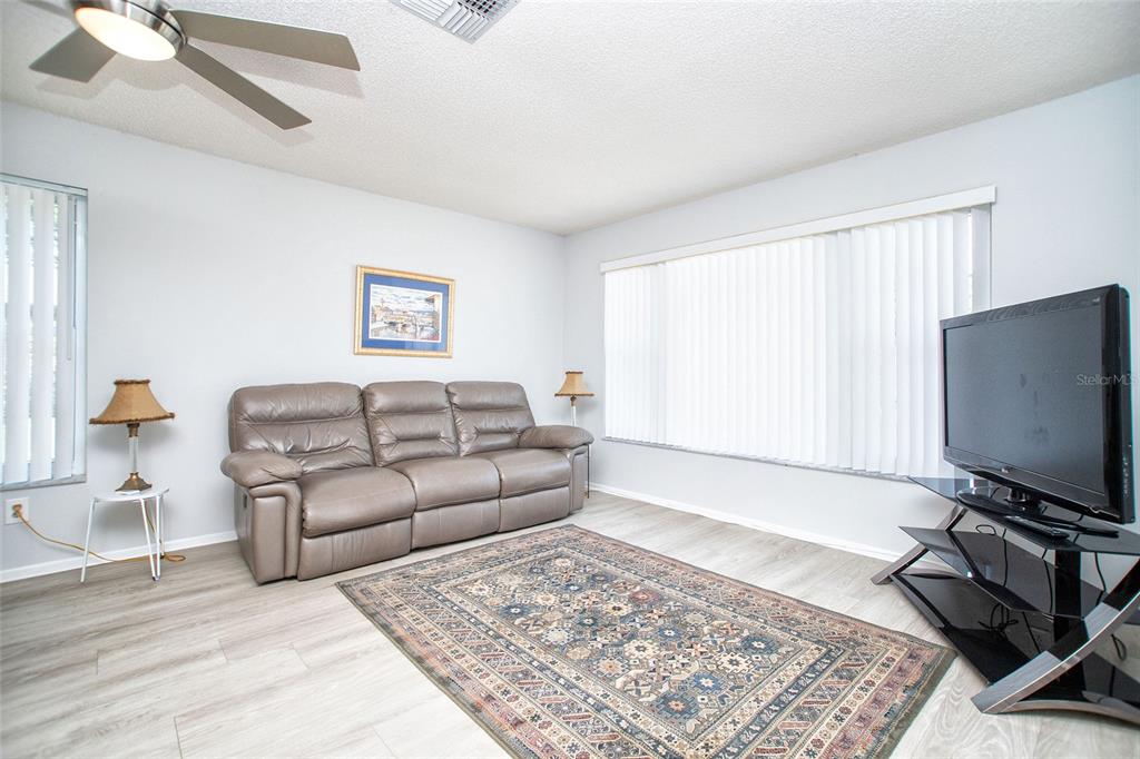 A living room features a leather sofa, a patterned area rug, and a television stand — 1647 BENTLEY COURT, PALM HARBOR, FL