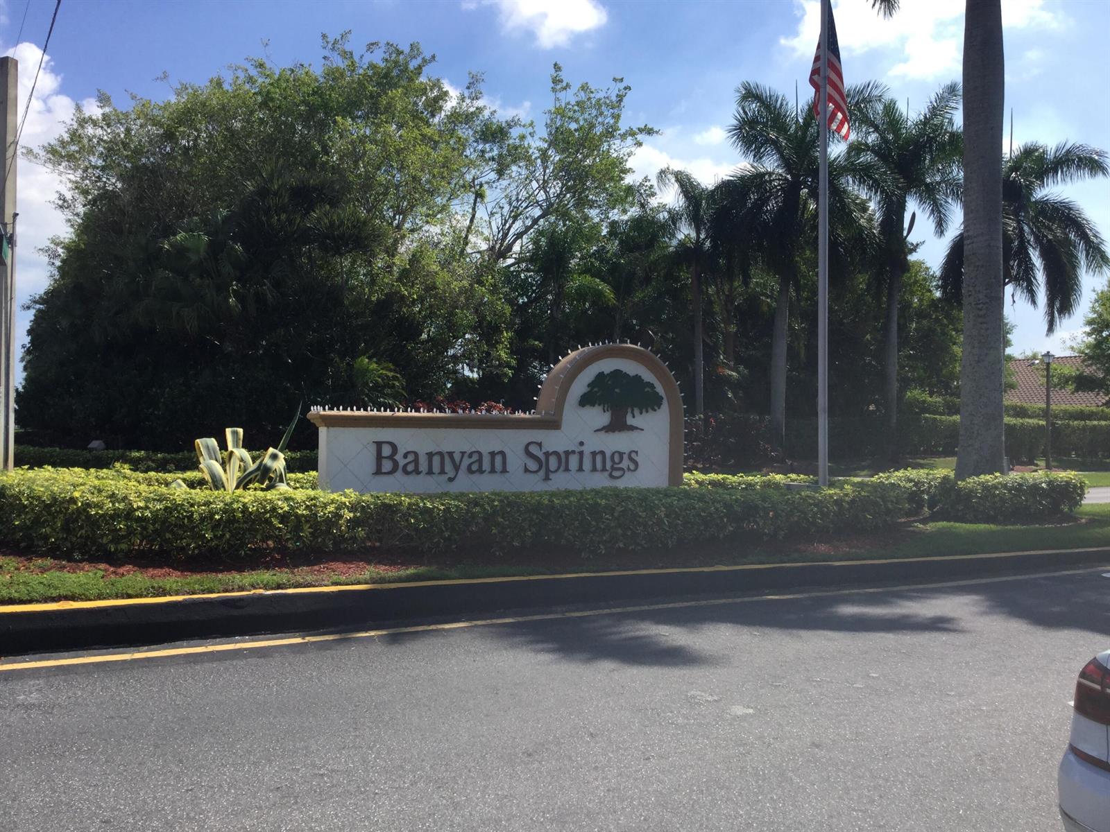 The entrance sign for Banyan Springs features a tree logo and an American flag — 10118 Mangrove Drive # 105, Boynton Beach FL 33437, BOYNTON BEACH, FL