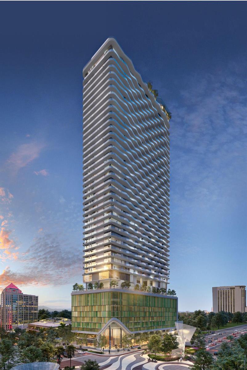 A rendering of a tall, modern residential tower with wavy balconies above a green podium — 521 E Las Olas Boulevard, Fort Lauderdale FL 33301, FORT LAUDERDALE, FL