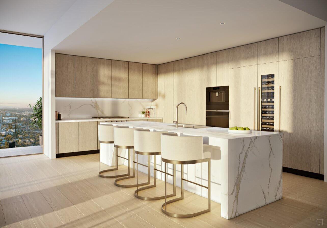 This rendering shows a modern kitchen with light wood cabinetry, marble island, and city views — 521 E Las Olas Boulevard, Fort Lauderdale FL 33301, FORT LAUDERDALE, FL
