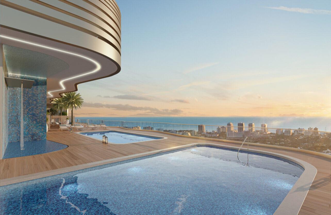 This architectural rendering shows a rooftop terrace with two swimming pools overlooking a coastal city — 521 E Las Olas Boulevard, Fort Lauderdale FL 33301, FORT LAUDERDALE, FL