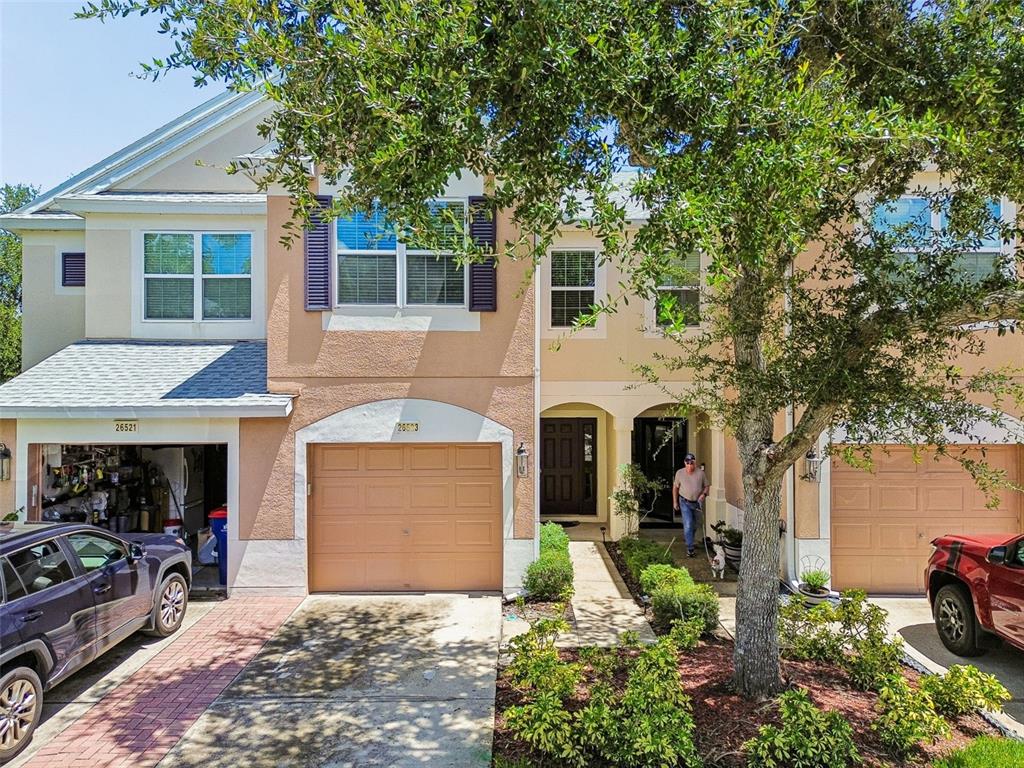 A living room features a large television, a gray sofa, and a glass coffee table — 26523 CHIMNEY SPIRE LANE, WESLEY CHAPEL, FL