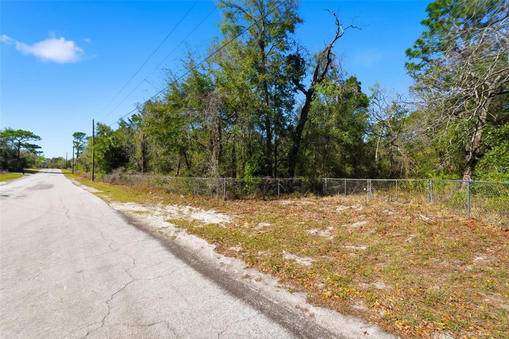 A paved road runs alongside a vacant, fenced-in lot with trees and brush — 9255 GROUSE WAY, HUDSON, FL