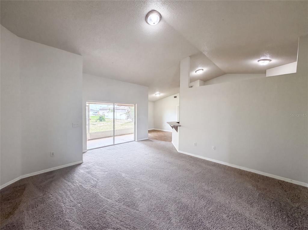 A carpeted living room features a sliding glass door and an open kitchen pass-through — 1038 HIGHLAND CREST CIRCLE, LAKE WALES, FL