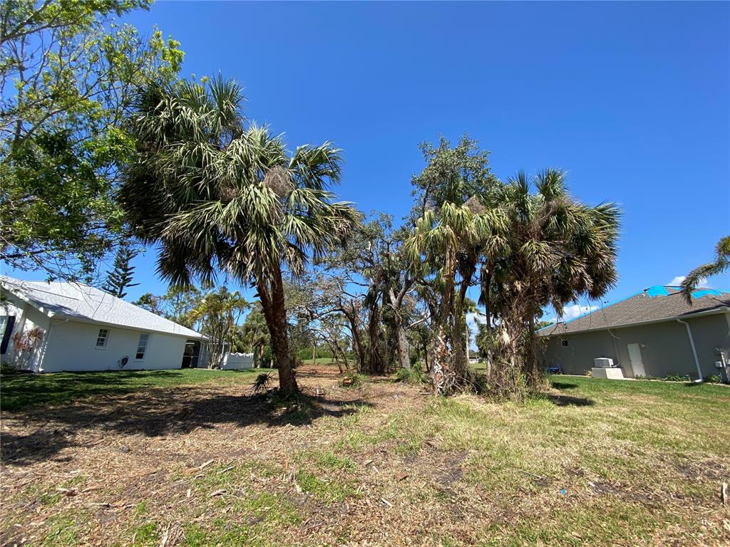 A grassy lot sits between two houses with several palm trees and mature trees — 45 LONG MEADOW PLACE, ROTONDA WEST, FL