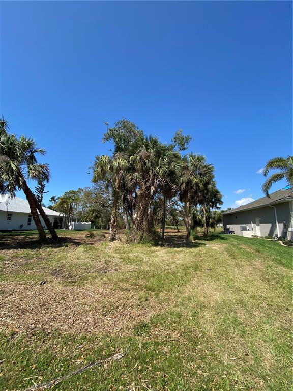 A grassy lot with palm trees sits between two suburban houses under a clear sky — 45 LONG MEADOW PLACE, ROTONDA WEST, FL