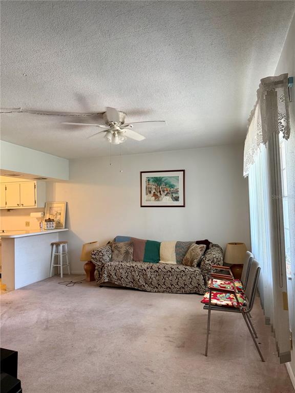 A living room features a patterned sofa, a ceiling fan, and a breakfast bar — 5505 HERNANDES DRIVE UNIT 239, ORLANDO, FL