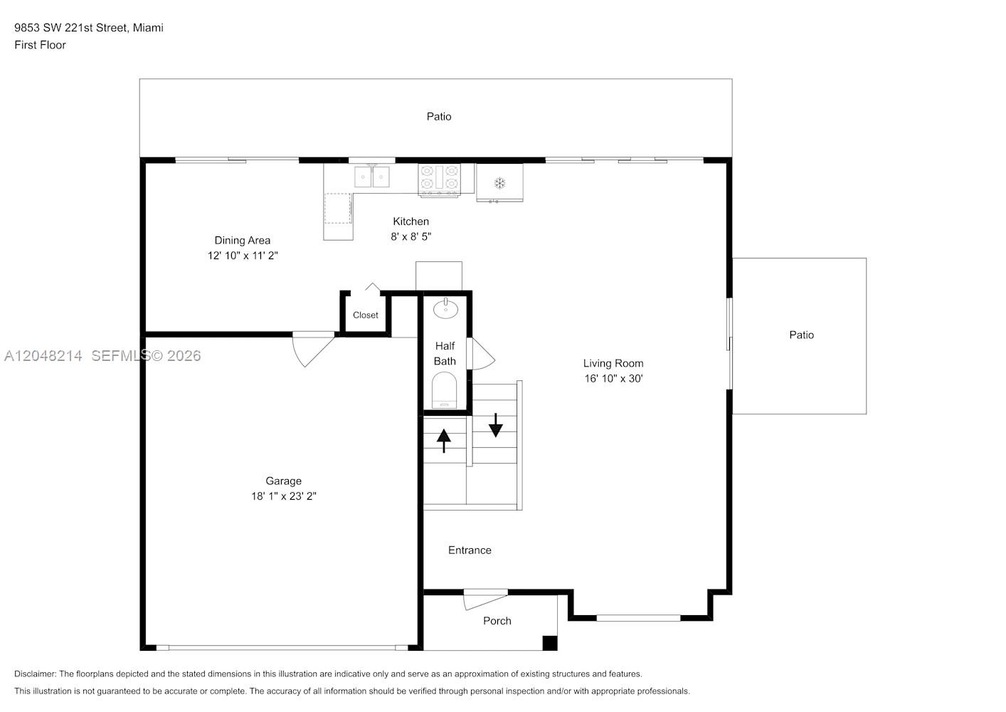 This is a floor plan of a first-floor residential layout featuring a garage and patio — CUTLER BAY, FL