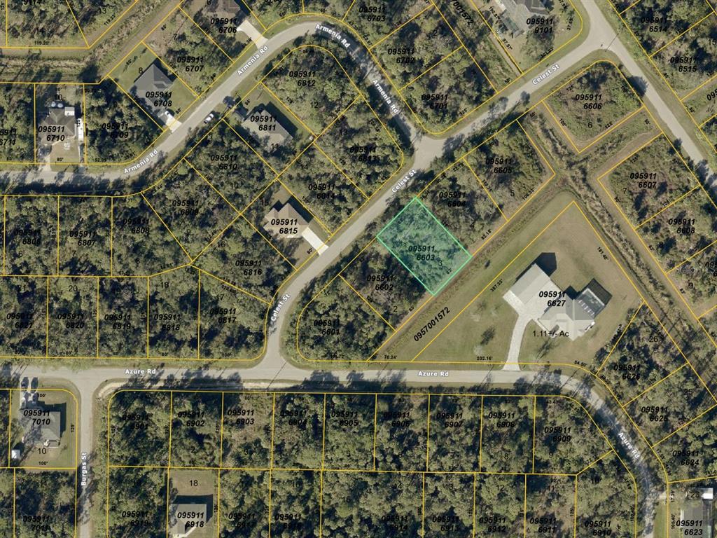 This is an aerial map showing a vacant lot highlighted in green among residential properties — 0 CELEST STREET, NORTH PORT, FL