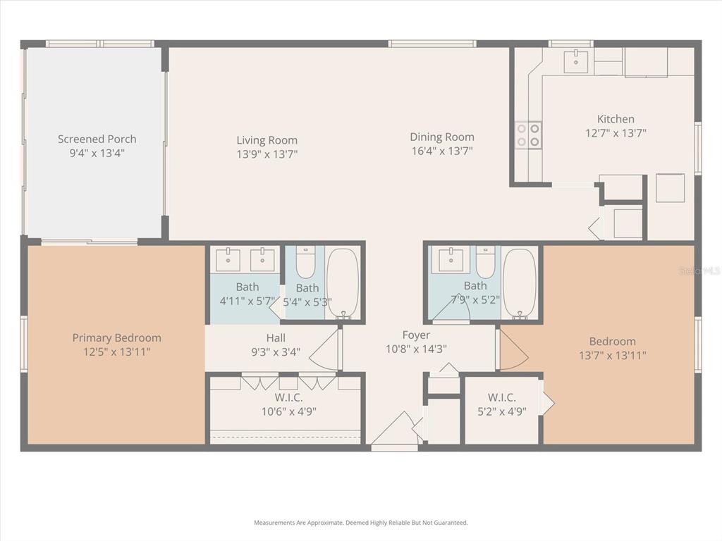 This is a floor plan for a two-bedroom home with two bathrooms and a screened porch — 2737 ENTERPRISE ROAD E UNIT 111, CLEARWATER, FL