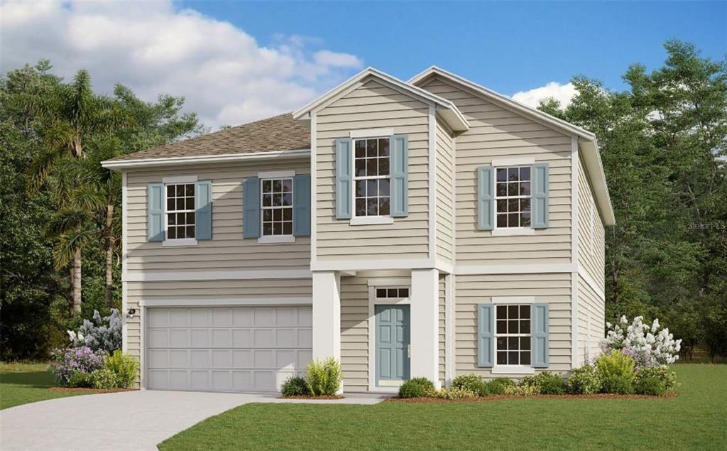 This is a digital rendering of a two-story suburban house with light siding and shutters — 3902 HOLSTEIN WAY, GREEN COVE SPRINGS, FL