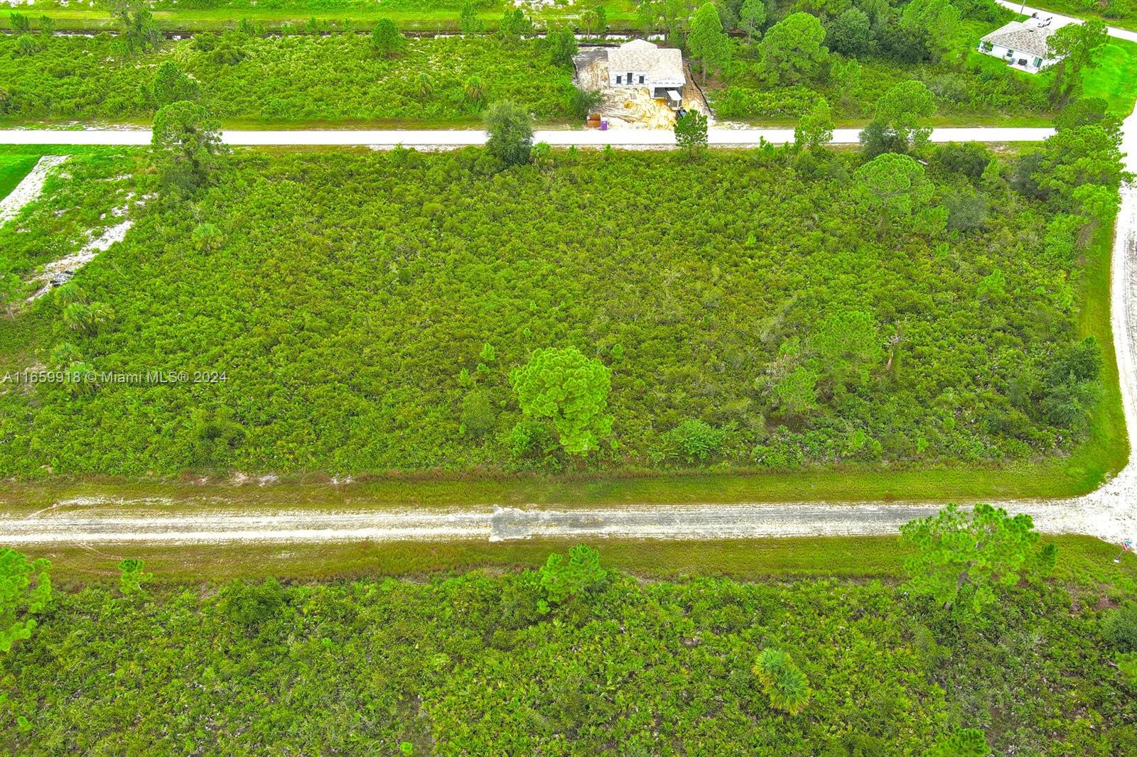 An aerial view shows a large, undeveloped rectangular lot covered in low-lying vegetation and trees — 642 Vasser Ave S, Lehigh Acres FL 33974, LEHIGH ACRES, FL