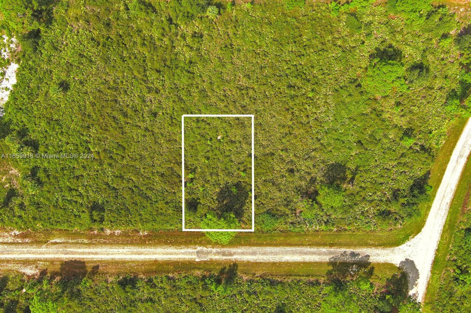 An aerial view shows a rectangular plot of land outlined in white near a road — 642 Vasser Ave S, Lehigh Acres FL 33974, LEHIGH ACRES, FL