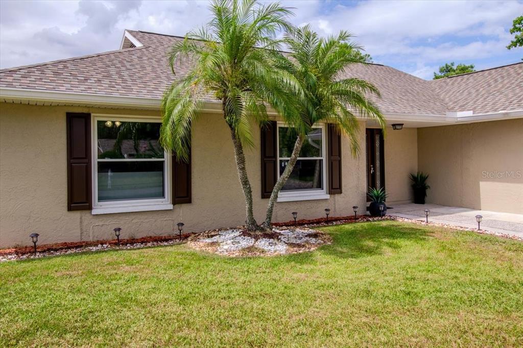 A single-story house exterior features a palm tree, tan stucco walls, and brown shutters — 4102 W BANK AVENUE, TAMPA, FL
