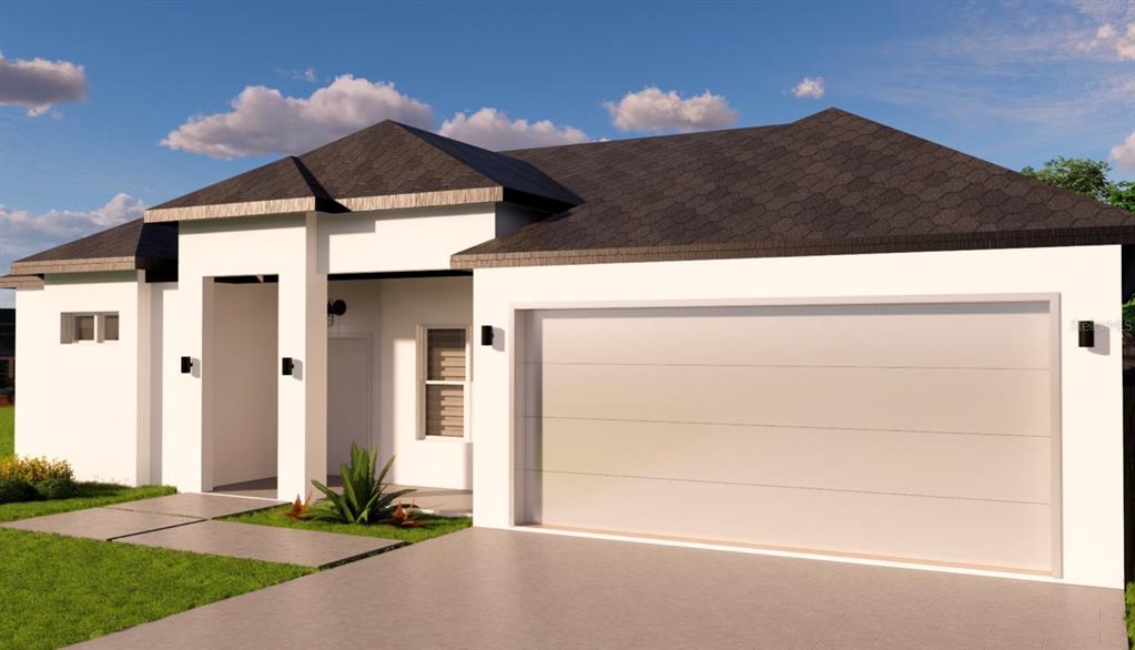 This is a digital rendering of a modern single-story house with a two-car garage — 19655 SW BEACH BLVD, DUNNELLON, FL
