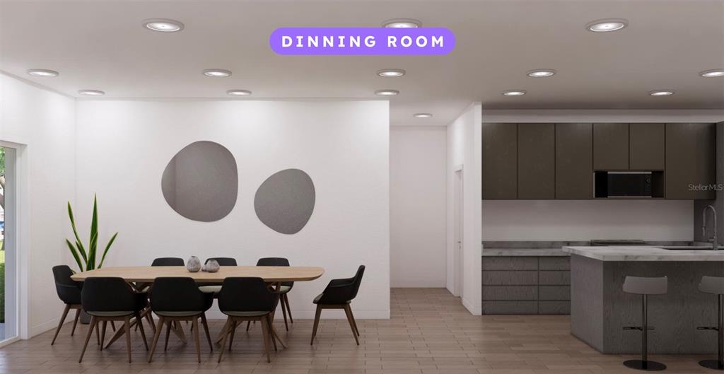 This rendering shows a dining room with a wooden table, black chairs, and adjacent kitchen — 19655 SW BEACH BLVD, DUNNELLON, FL