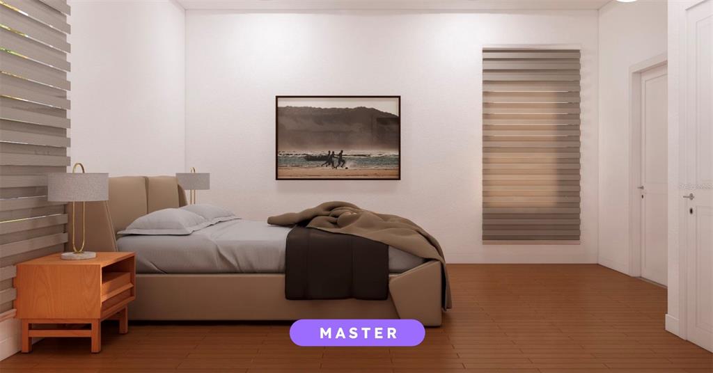 This rendering shows a modern master bedroom with a bed, nightstand, and window blinds — 19655 SW BEACH BLVD, DUNNELLON, FL