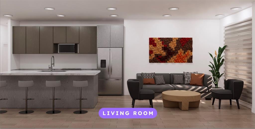 This rendering shows an open-concept kitchen with a breakfast bar and an adjacent living room — 19655 SW BEACH BLVD, DUNNELLON, FL