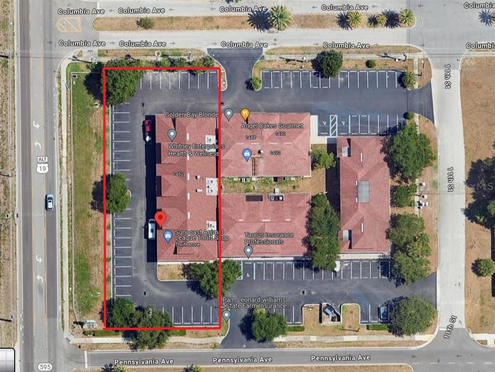 This is an aerial map view of a commercial building with a highlighted parking area — 1454-1470 ALT 19 UNIT 1454-1470, PALM HARBOR, FL
